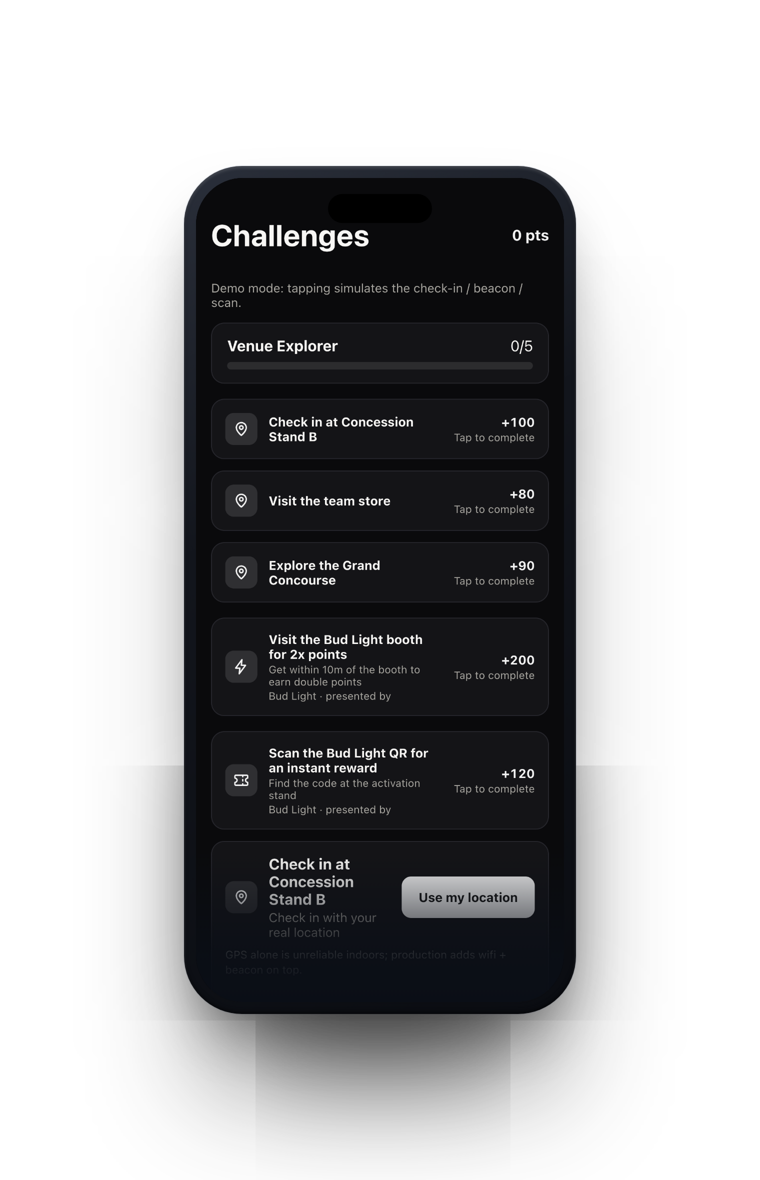 Clout Venue Challenges screen with sponsor activations, points, and quests
